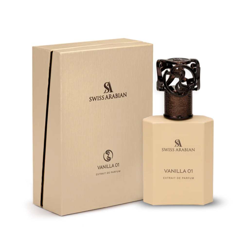 Perfume Vanilla 01 de Swiss Arabian, fragancia de lujo con vainilla de Madagascar, almizcle y sándalo. Dulce, elegante y envolvente, disponible en Orient Fragance