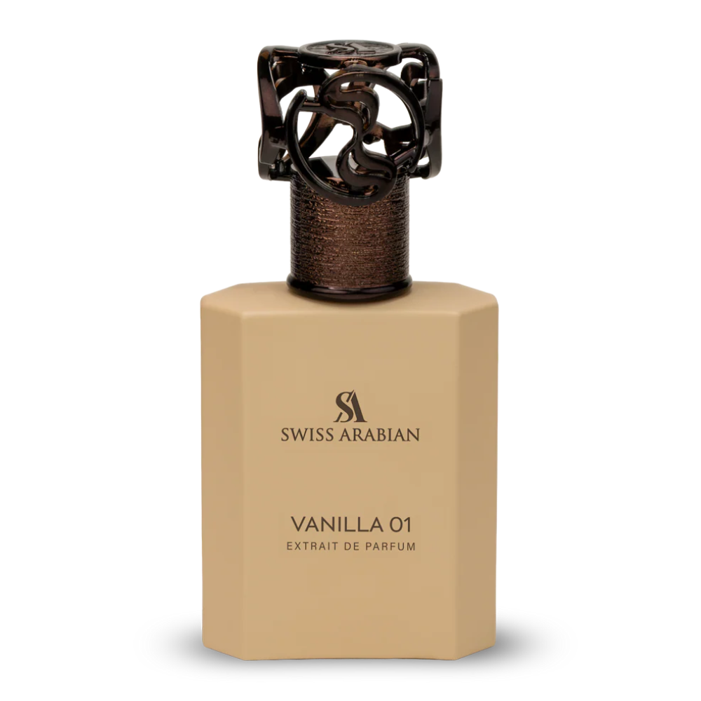 Perfume Vanilla 01 de Swiss Arabian, fragancia de lujo con vainilla de Madagascar, almizcle y sándalo. Dulce, elegante y envolvente, disponible en Orient Fragance