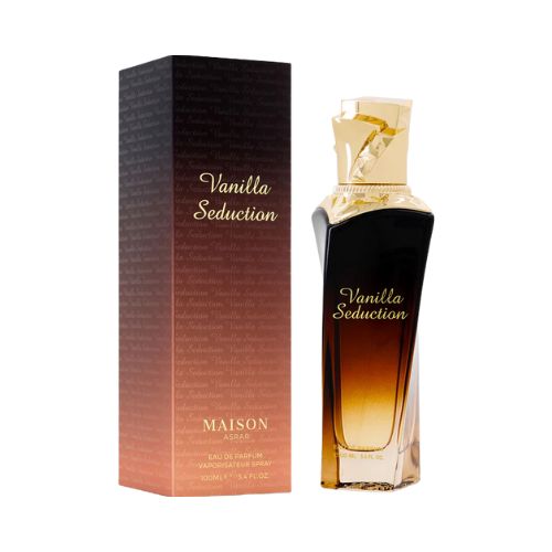 Vanilla Seduction de Maison Asrar, perfume oriental con vainilla cremosa, maderas suaves y ámbar dulce. Elegante y cautivador