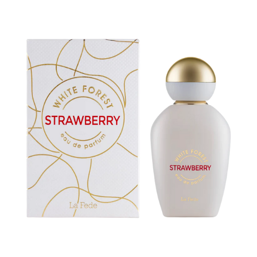 Perfume White Forest Strawberry de La Fede, fragancia de lujo con notas de fresa, flores blancas y madera. Elegante, fresca y sofisticada
