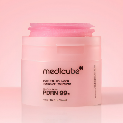Medicube PDRN Pink Collagen Toning Gel Toner Pad envase y pads faciales reafirmantes coreanos