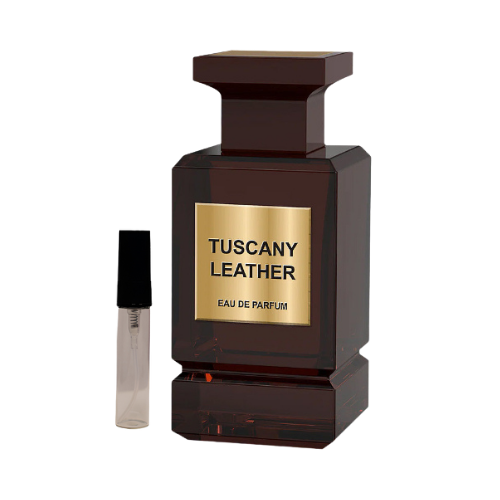 Decant de Tuscany Leather, perfume de lujo inspirado en la intensidad del cuero toscano. Fragancia elegante, amaderada y sensual disponible en Orient Fragance