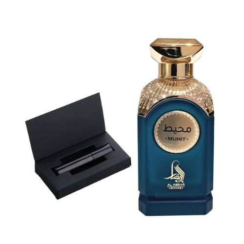 Muestra Al Absar - Muhit ofrece una explosión fresca y vibrante que captura la esencia del océano y un estilo de vida equilibrado. Inspirado en Pacific Chill 2023 de Louis Vuitton, combina frutas cítricas, notas verdes y toques especiados para un efecto revitalizante y sofisticado.