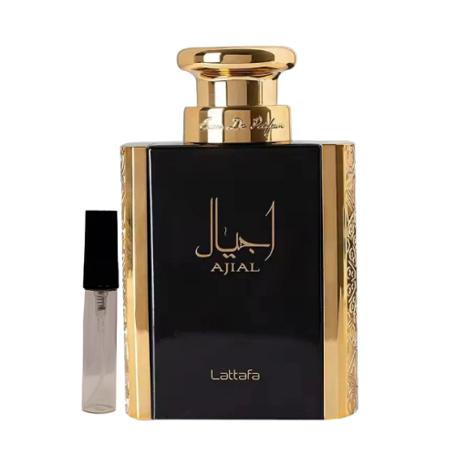 Muestra del perfume Ajial de Lattafa, fragancia de lujo árabe con notas dulces y amaderadas. Elegante, cálida y sofisticada, disponible en Orient Fragance