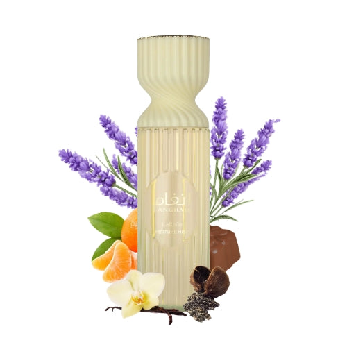 Bruma Angham Mist de Lattafa, fragancia femenina y dulce con flores suaves y notas cremosas. Ideal para uso diario.