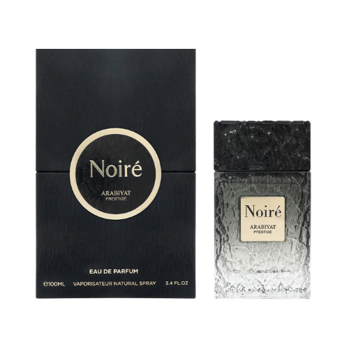 Detalle del frasco Noiré Arabiyat Prestige 100 ml con textura negra y placa central elegante de estilo premium