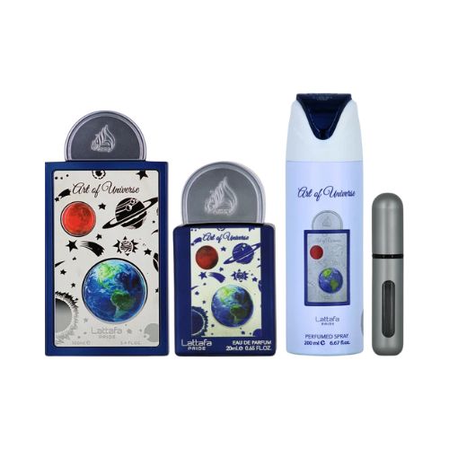 Art of Universe Giftset de Lattafa Pride, experiencia olfativa con jengibre, flor de naranjo, pera y ámbar. Estuche de 3 piezas elegante y aromático.