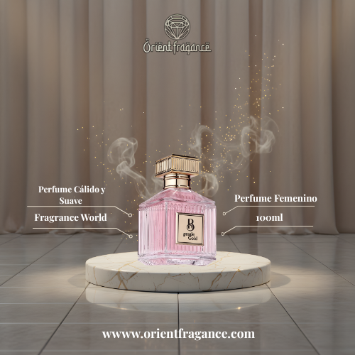 B Gentle Gold Fragrance World presentación elegante perfume femenino sofisticado y moderno