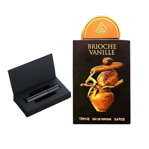 Muestra del perfume Brioche Vanille de Lattafa, fragancia de lujo con notas de vainilla, azúcar y ámbar. Elegante, cálida y adictiva, disponible en Orient Fragance