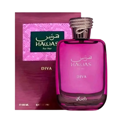 Estuche del perfume Hawas Diva para mujer, fragancia refinada y sensual.
perfumes árabes rasasi