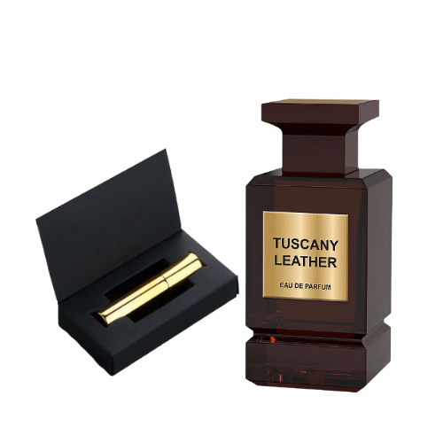 Decant de Tuscany Leather, perfume de lujo inspirado en la intensidad del cuero toscano. Fragancia elegante, amaderada y sensual disponible en Orient Fragance