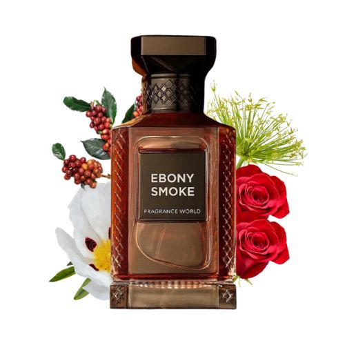 Ebony Smoke de Fragrance World, perfume ahumado y misterioso con ébano, incienso y ámbar. Un aroma envolvente y sofisticado