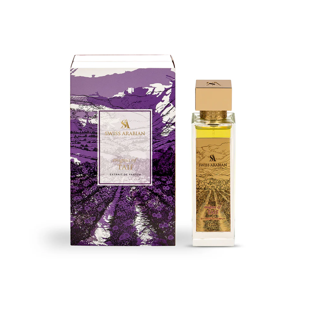 Perfume Enigma of Taif de Swiss Arabian, fragancia de lujo con la icónica rosa de Taif, ámbar y almizcle. Un perfume elegante y cautivador disponible en Orient Fragance