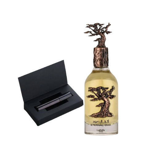 Muestra del perfume Éternel Oud de Lattafa, fragancia de lujo con oud refinado y notas orientales. Elegante, cálida y sofisticada, disponible en Orient Fragance