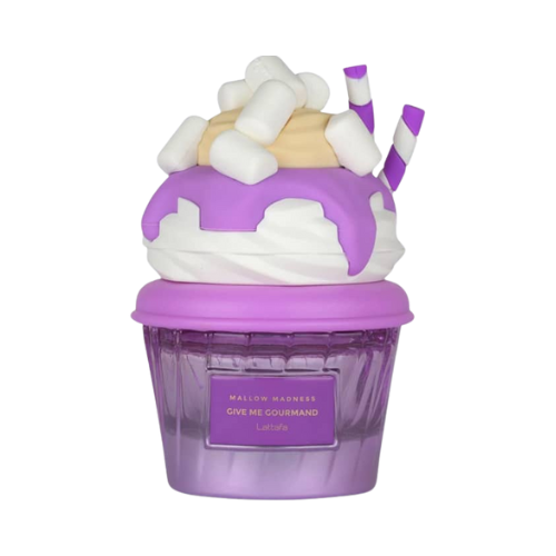 Frasco del perfume Mallow Madness de Lattafa, fragancia dulce con aroma de malvavisco y vainilla.
Perfumes àrabes 