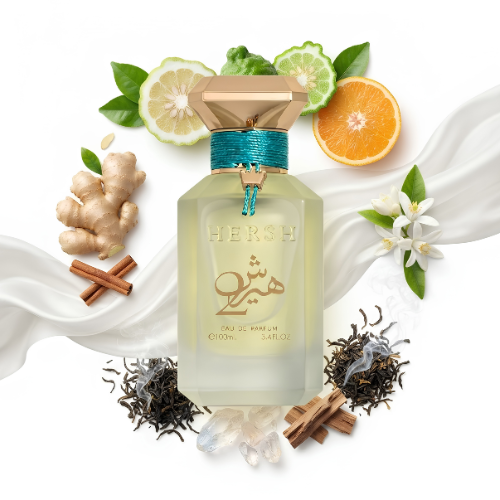 Detalle del frasco Hersh 2 acabado premium perfume unisex con cítricos y té negro