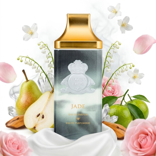Detalle del frasco Jade acabado premium perfume unisex refinado y moderno