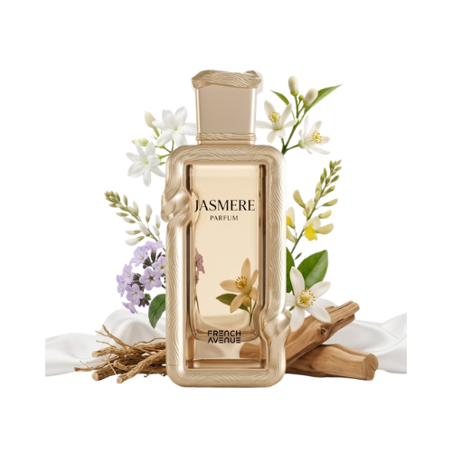 Detalle del frasco Jasmere acabado premium perfume mujer floral y refinado
