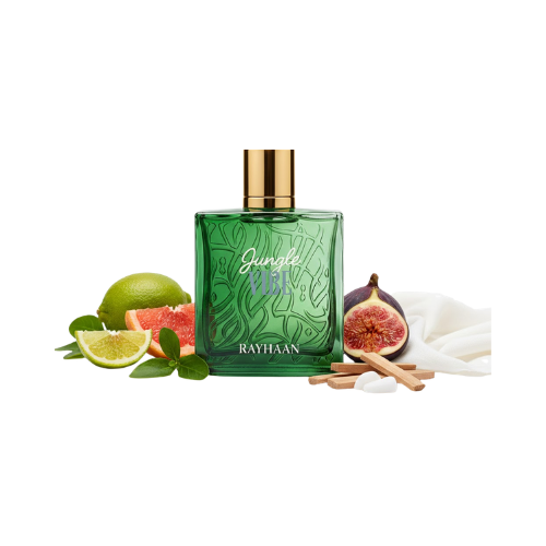 Detalle del frasco Jungle Vibe Rayhaan acabado verde con relieve vegetal y tapa dorada