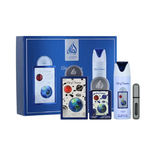 Giftset Art of Universe 3pc de Lattafa Pride, estuche premium con notas de mandarina, pera, cedro, ámbar y almizcle.
