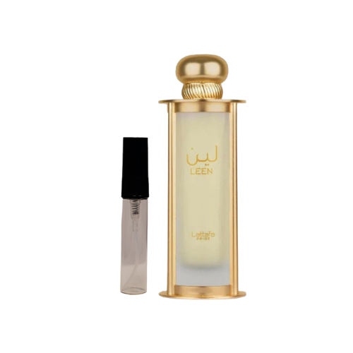 Muestra del perfume Leen de Lattafa, fragancia de lujo con aroma floral, afrutado y elegante. Una esencia refinada disponible en Orient Fragance