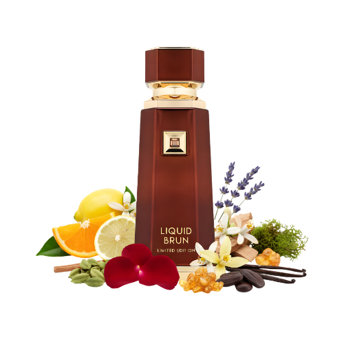Detalle del frasco Liquid Brun Limited Edition diseño sofisticado perfume unisex intenso