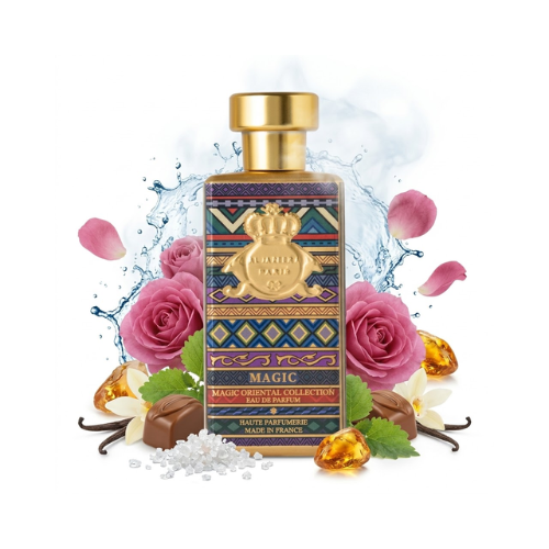 Detalle del frasco Magic acabado premium perfume unisex refinado y moderno