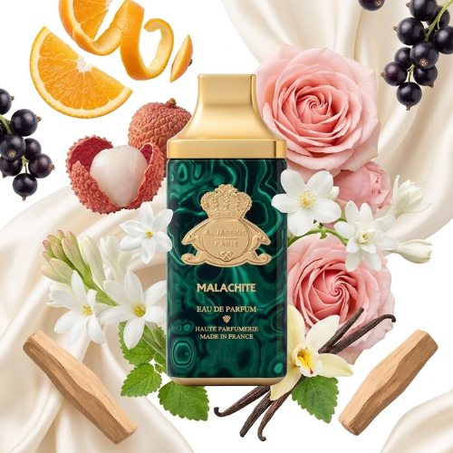 Detalle del frasco Malachite acabado premium perfume unisex refinado y moderno