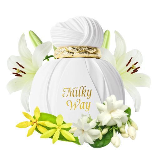 Perfume Milky Way de Maison Asrar, fragancia floral y suave con acordes cremosos y un fondo cálido. Delicado, femenino y refinado