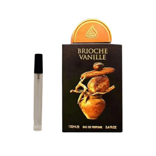 Muestra del perfume Brioche Vanille de Lattafa, fragancia de lujo con notas de vainilla, azúcar y ámbar. Elegante, cálida y adictiva, disponible en Orient Fragance