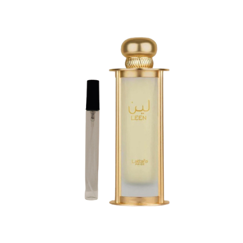 Muestra del perfume Leen de Lattafa, fragancia de lujo con aroma floral, afrutado y elegante. Una esencia refinada disponible en Orient Fragance