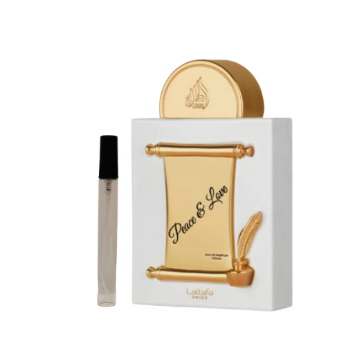 Muestra del perfume Peace and Love de Lattafa, fragancia de lujo con aroma floral y afrutado. Elegante, positiva y exclusiva, disponible en Orient Fragance.