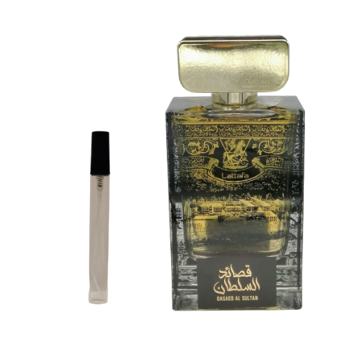 Muestra del perfume Qasaed Al Sultan, fragancia árabe majestuosa con notas amaderadas y especiadas. Inspirada en el lujo y la realeza oriental