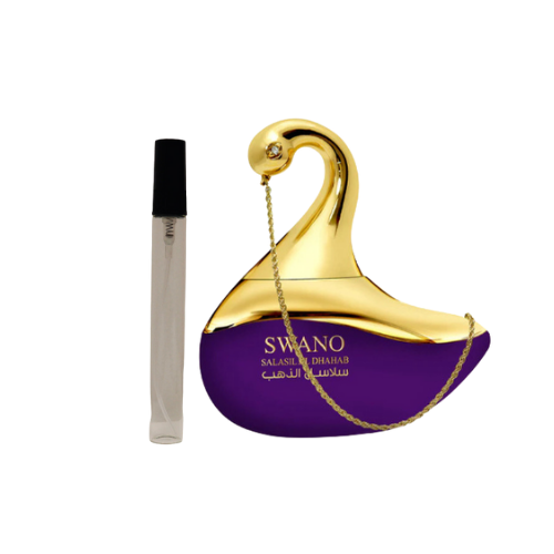 Muestra del perfume Swano Salasil Dhahab, fragancia de lujo árabe con notas ambaradas y orientales. Elegancia dorada y sofisticada en cada gota.