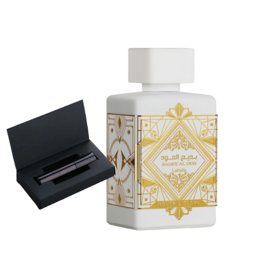 Muestra del perfume Bade’e Al Oud Honor & Glory de Lattafa, fragancia de lujo con oud, miel y vainilla. Intensa, elegante y adictiva, disponible en Orient Fragance