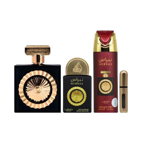 Nebras Gift Set de Lattafa, estuche femenino ideal para regalo con perfume y accesorios perfumados. Aroma dulce, cálido y moderno.