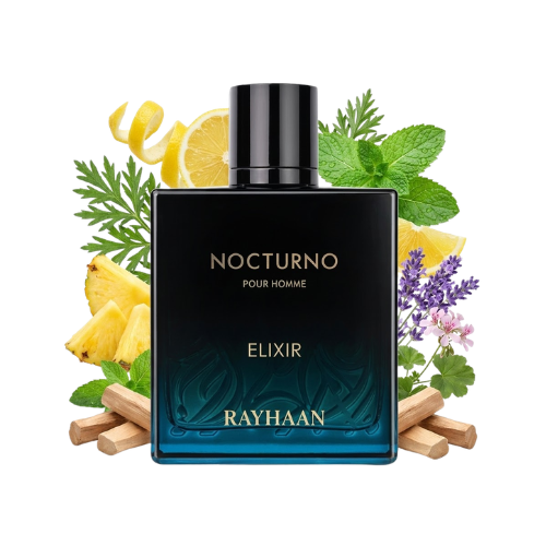 Detalle del frasco Nocturno Elixir acabado premium perfume hombre moderno y elegante