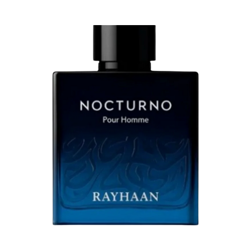 Nocturno de Rayhaan, perfume masculino con notas especiadas, ámbar y vainilla. Una fragancia seductora, elegante y de carácter misterioso.