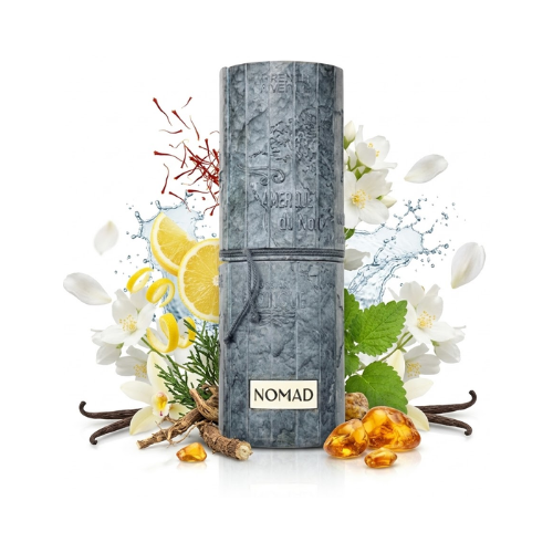 Detalle del frasco Nomad acabado premium perfume unisex moderno y refinado