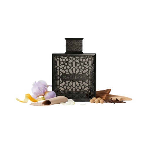 Detalle del frasco Rayhaan Obsidian acabado oscuro con diseño sofisticado y estilo premium