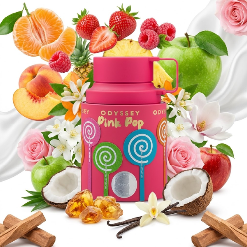 Detalle del frasco Odyssey Pink Pop acabado premium perfume mujer elegante y moderno