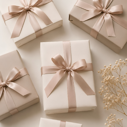 papel de regalo minimalista con lazo decorativo. Presentación elegante y sofisticada para perfumes de hombre en Orient Fragance.