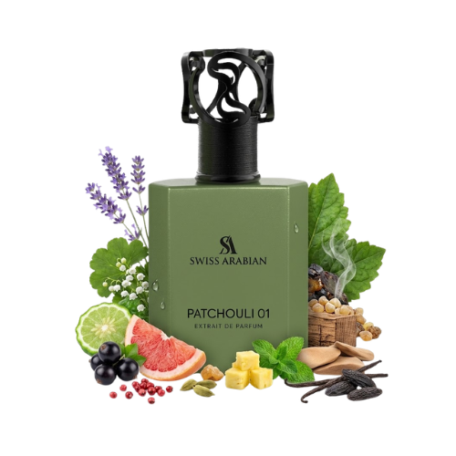 Detalle del frasco Patchouli 01 acabado premium perfume unisex amaderado elegante