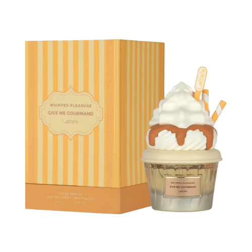Perfume Whipped Pleasure de Lattafa sobre tocador, aroma gourmand con esencia de crema batida
perfumes àrabes
