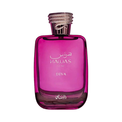 Frasco del perfume Hawas Diva para mujer, eau de parfum elegante con diseño rosa y dorado.
perfumes árabes rasasi