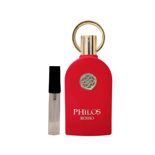 Muestra del perfume Philos Rosso, fragancia de lujo con notas florales, afrutadas y orientales. Una esencia sofisticada y elegante disponible en Orient Fragance.