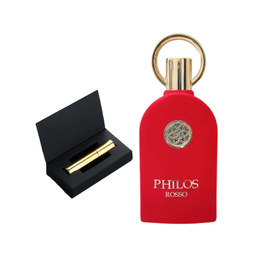 Muestra del perfume Philos Rosso, fragancia de lujo con notas florales, afrutadas y orientales. Una esencia sofisticada y elegante disponible en Orient Fragance.