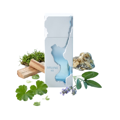 Detalle del frasco Ravine Ice acabado premium perfume unisex limpio y elegante