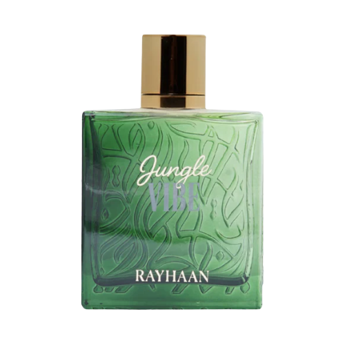 Rayhaan Jungle Vibe perfume 100 ml frasco verde con diseño tropical elegante y caja a juego