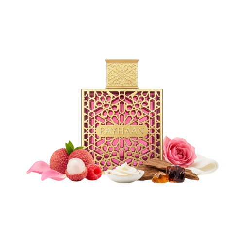 Rayhaan Kiss perfume femenino 100 ml frasco rosa con diseño dorado ornamental elegante